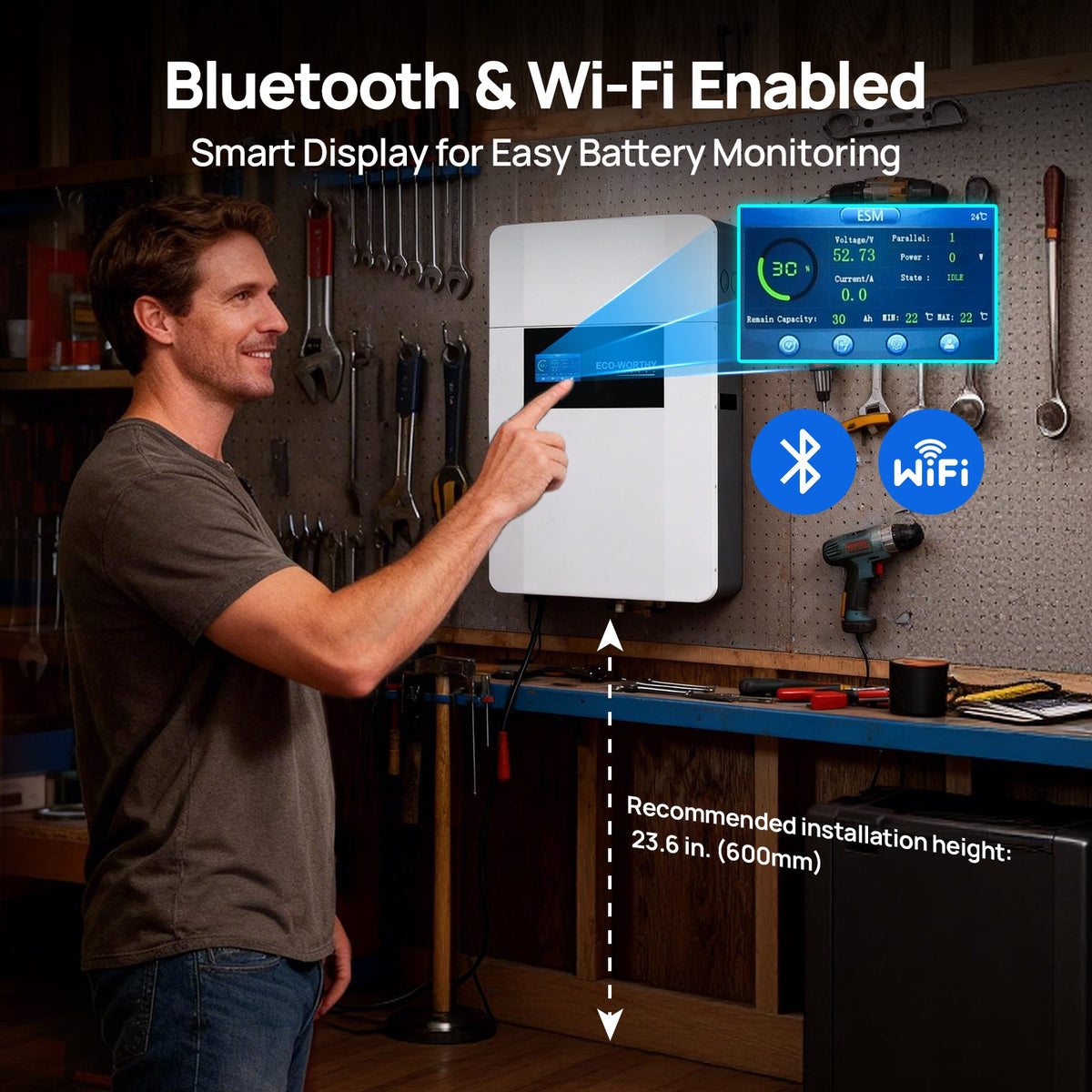 ECO-WORTHY 48V 100Ah Wall-Mounted LiFePO4 Lithium Battery With Bluetooth & Wifi, 5kWh
