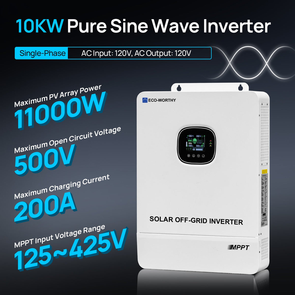ECO-WORTHY 10000W Solar Off-grid AIO Inverter, 48Vdc to 230Vac with 11000W@500V PV Input