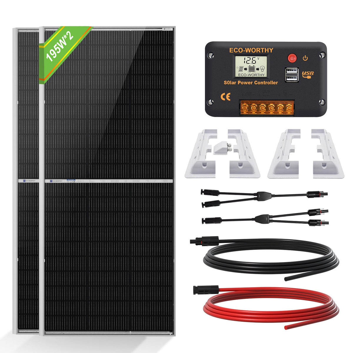 ECO-WORTHY 390W 12V (2x Bifacial 195W) Complete MPPT Off Grid Solar Panel Kit for Campervans