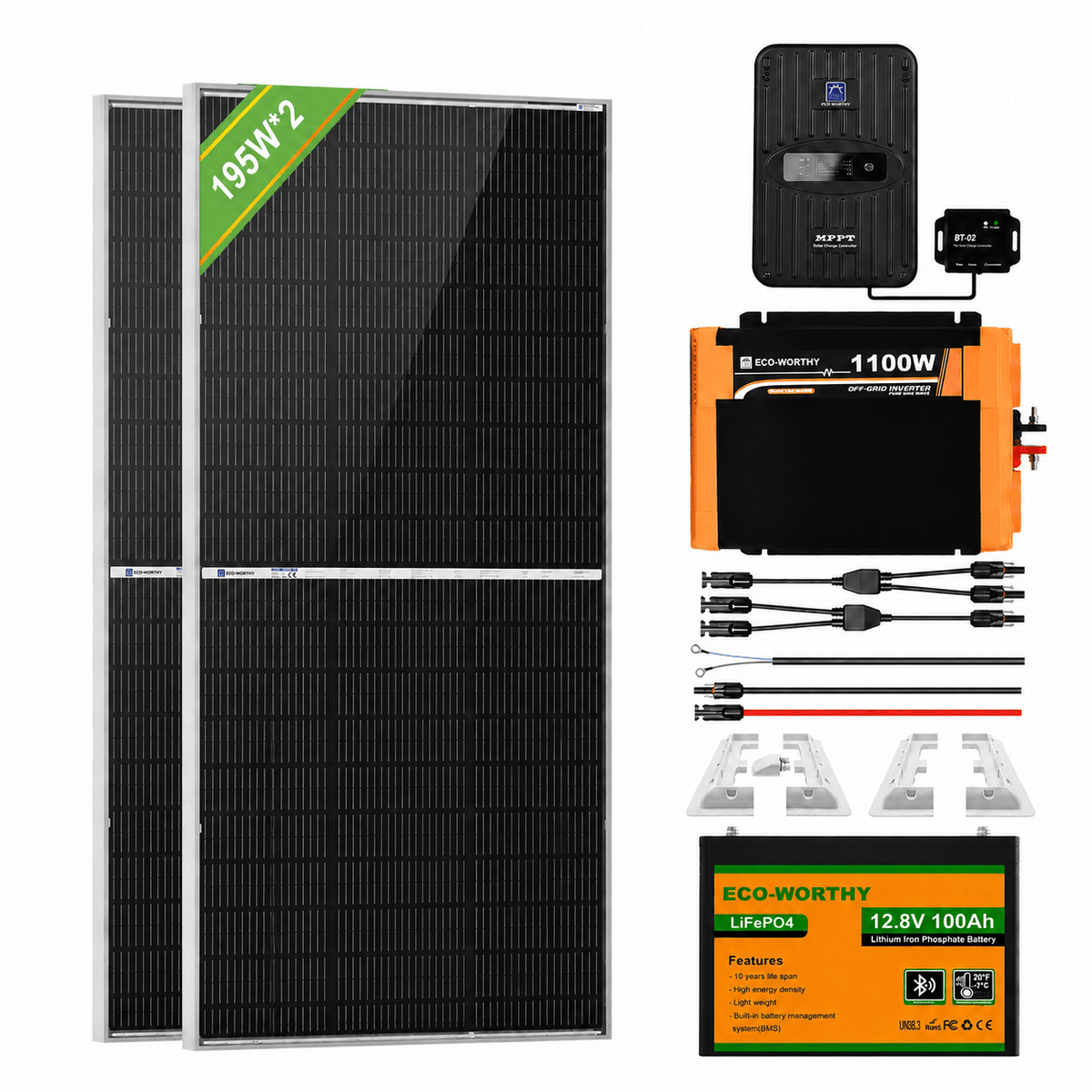 ECO-WORTHY 390W 12V (2x Bifacial 195W) Complete MPPT Off Grid Solar Panel Kit for Campervans
