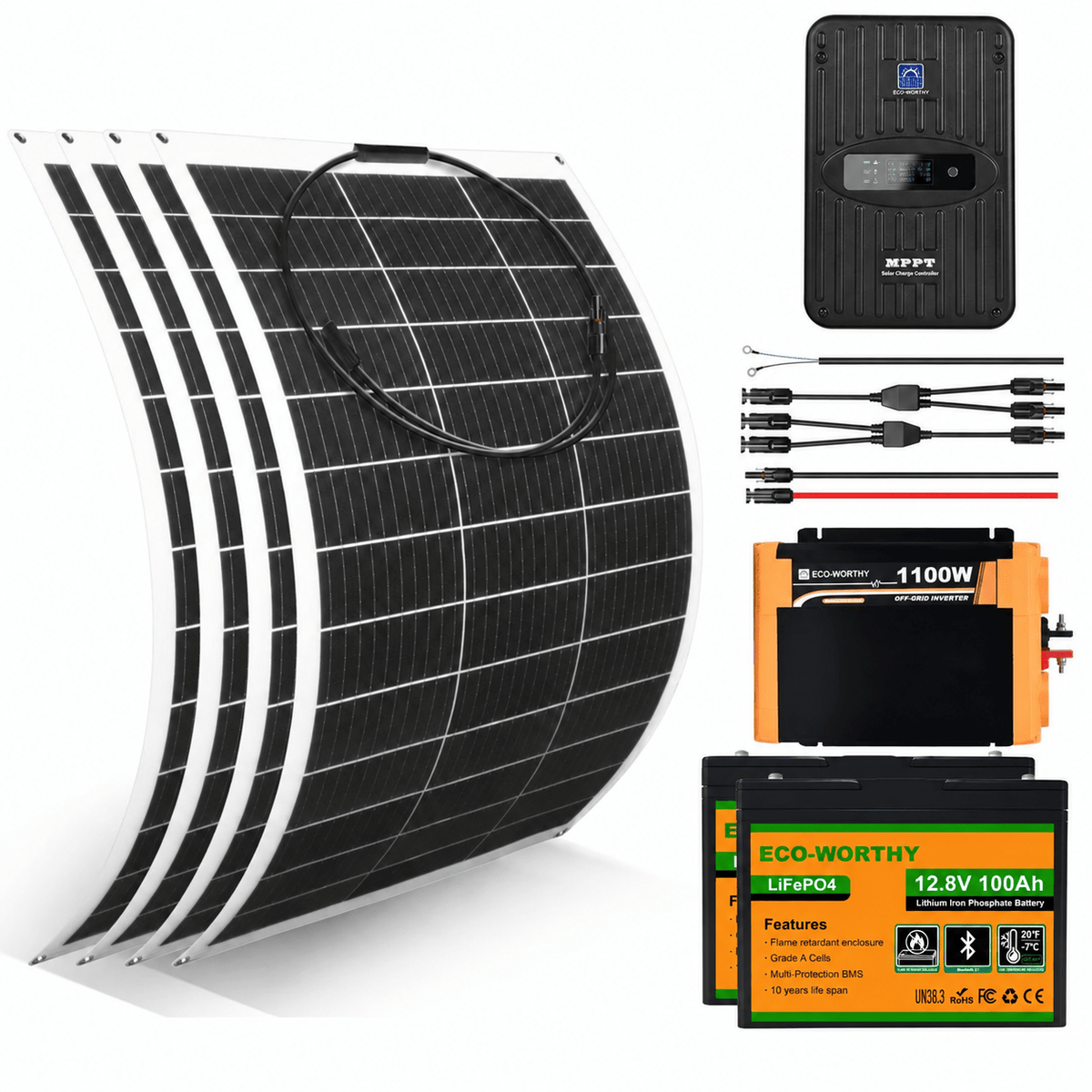 ECO-WORTHY 130W 260W 520W 12V (1/2/4xFlexible 130W) Off Grid SolarPanel Kits with Battery and Inverter