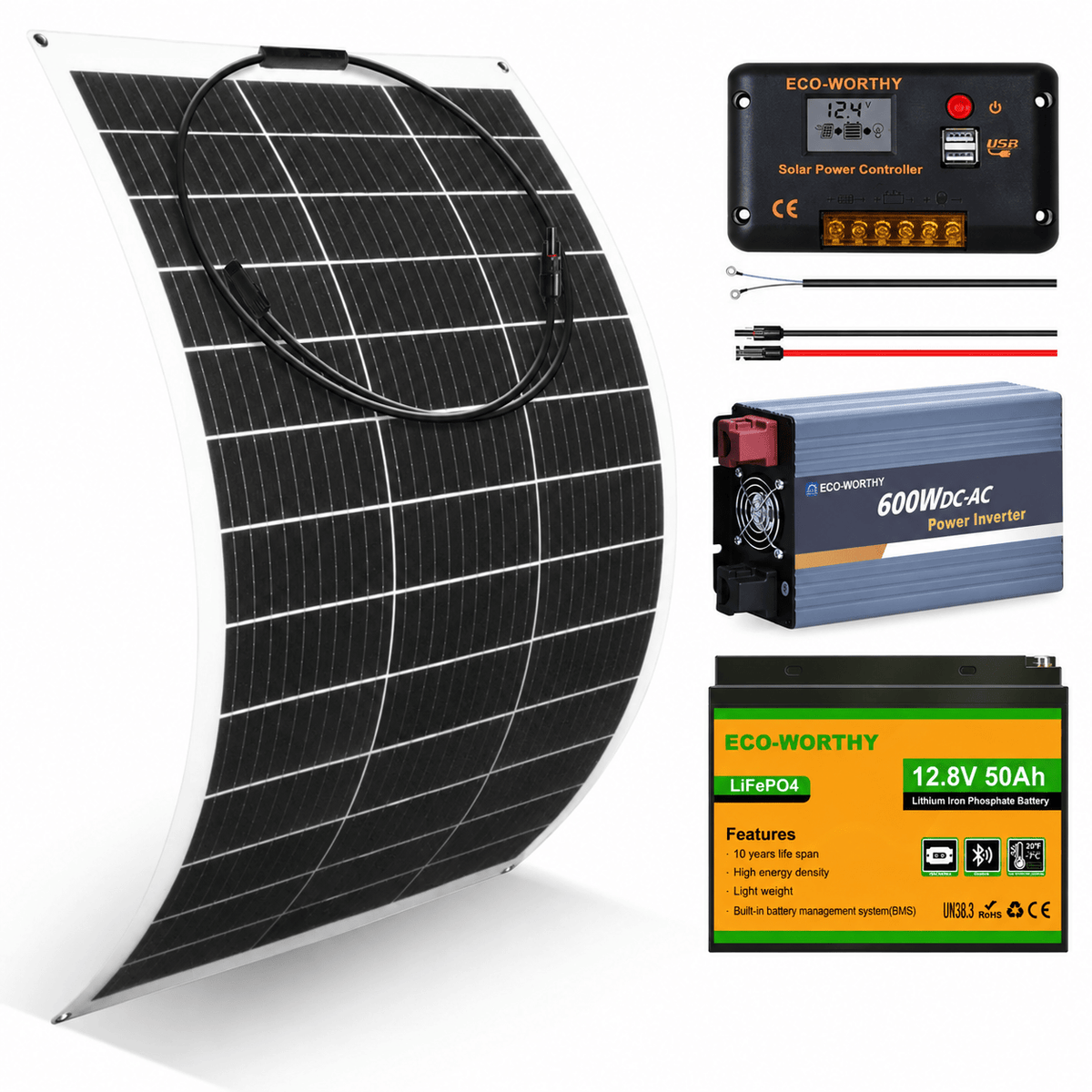 ECO-WORTHY 130W 260W 520W 12V (1/2/4xFlexible 130W) Off Grid SolarPanel Kits with Battery and Inverter