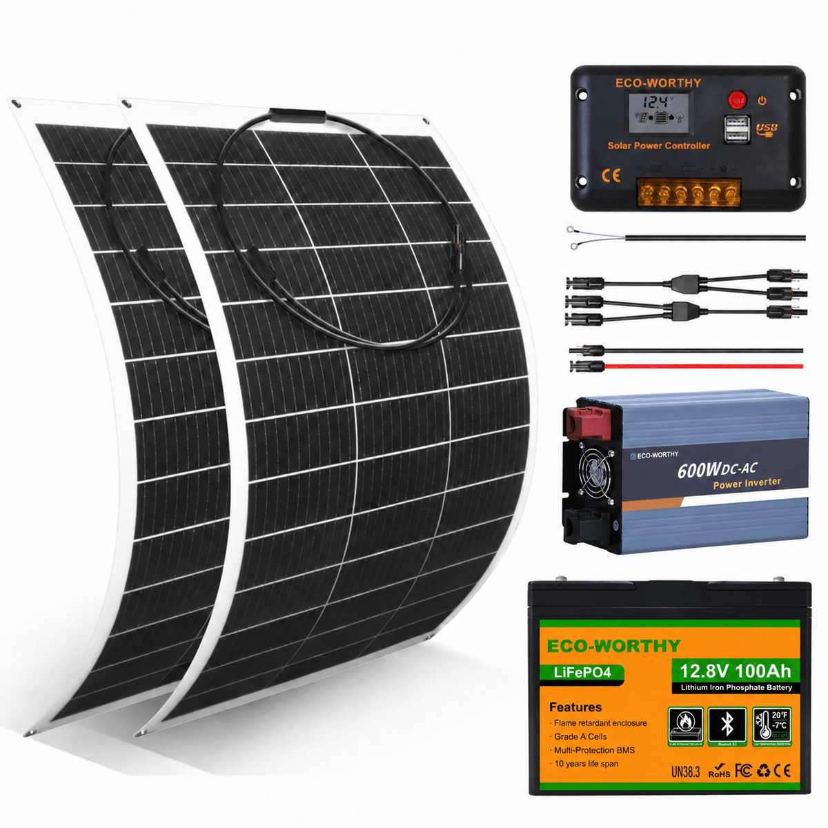 ECO-WORTHY 130W 260W 520W 12V (1/2/4xFlexible 130W) Off Grid SolarPanel Kits with Battery and Inverter