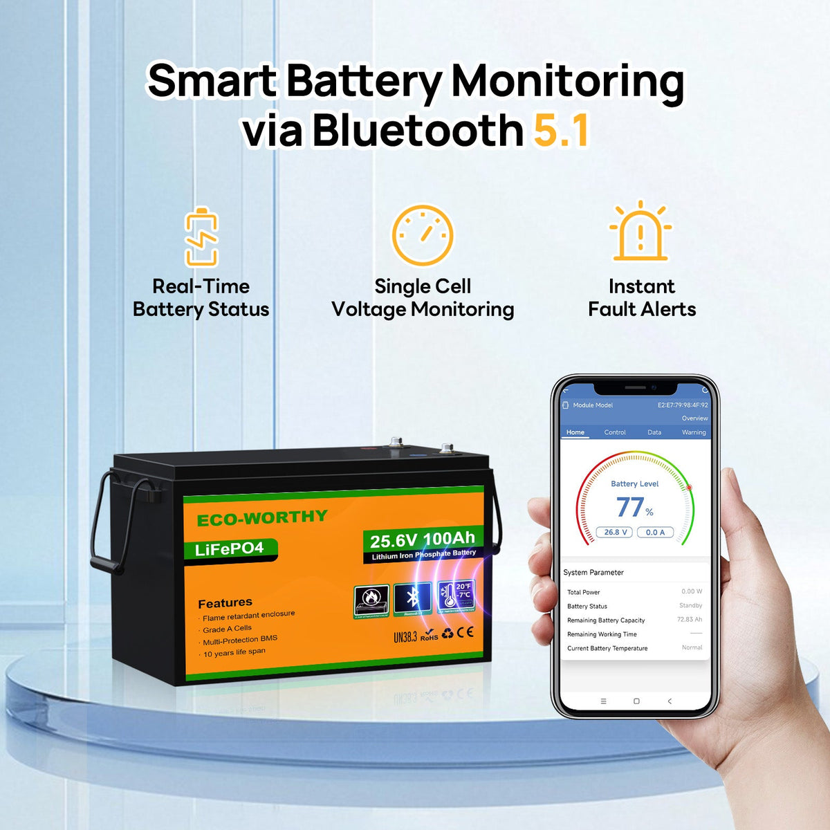 ECO-WORTHY 24V 100Ah LiFePO4 Lithium Battery Upgraded Bluetooth Version and Low-Temp Protection
