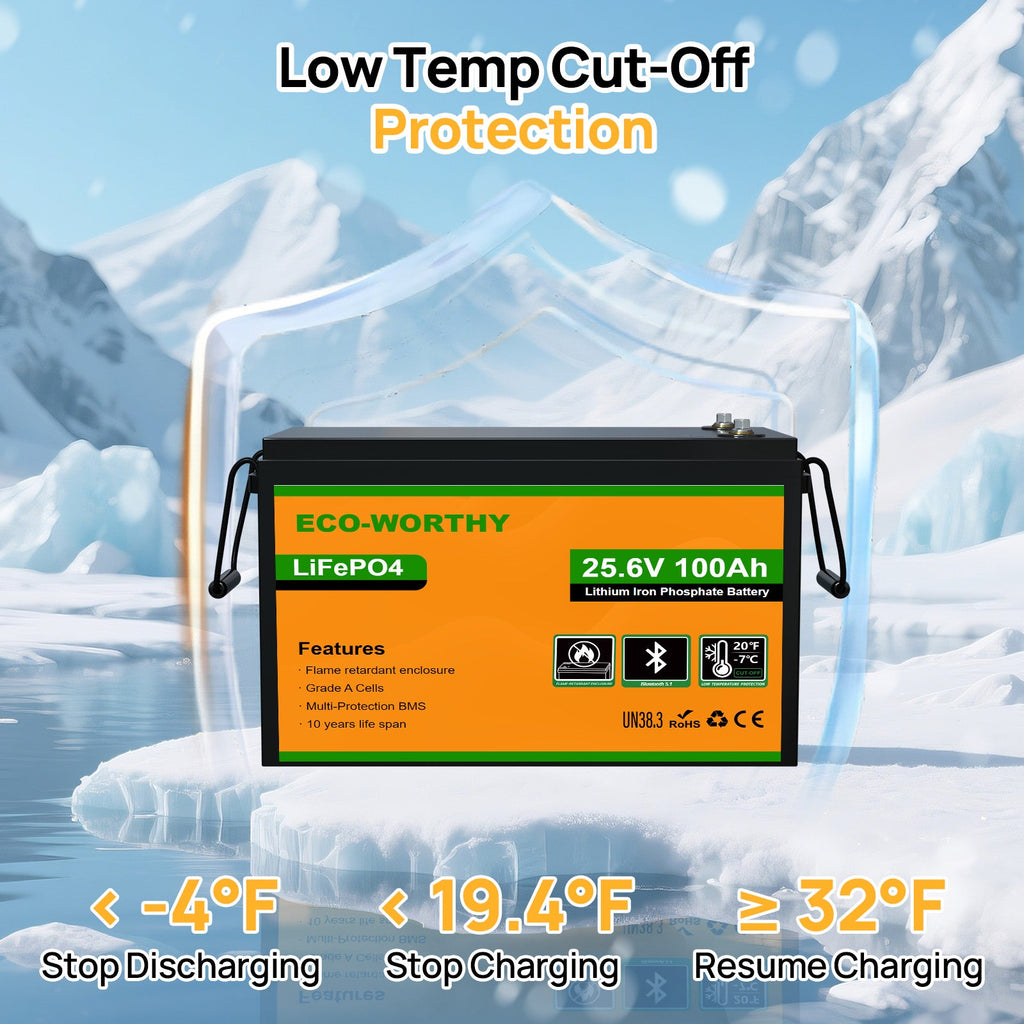 ECO-WORTHY 24V 100Ah LiFePO4 Lithium Battery Upgraded Bluetooth Version and Low-Temp Protection