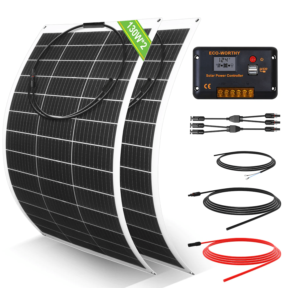 ECO-WORTHY 130W 260W 520W 12V(1/2/4xFlexible 130W) Off Grid SolarPanel Kits