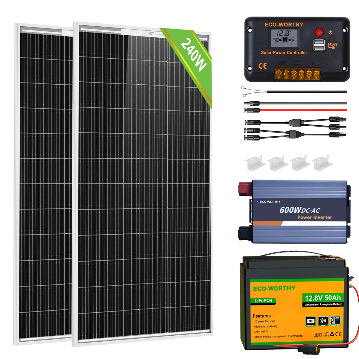 ECO-WORTHY 120W 240W 12V (1/2x120W) Complete Off Grid Solar Panel Kit