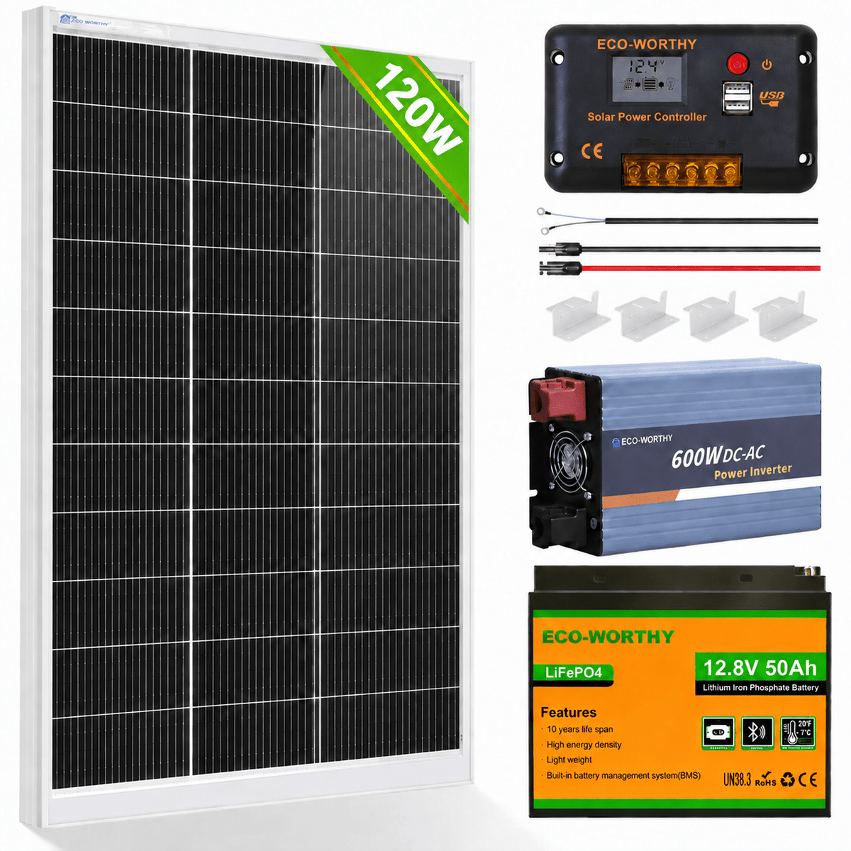 ECO-WORTHY 120W 240W 12V (1/2x120W) Complete Off Grid Solar Panel Kit