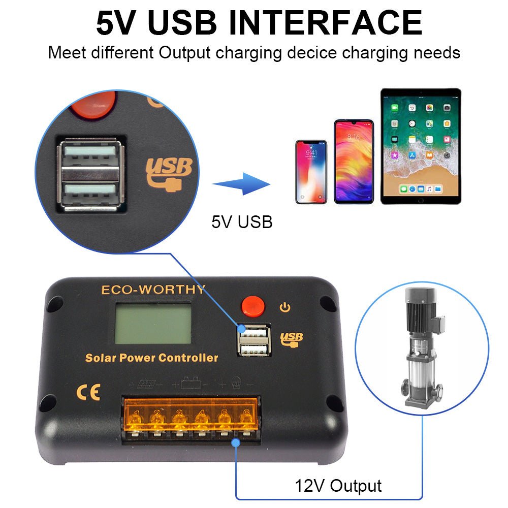 ECO-WORTHY 30A PWM LCD Display Solar Charge Controller Regulator with USB Port 12V/24V Autoswitch