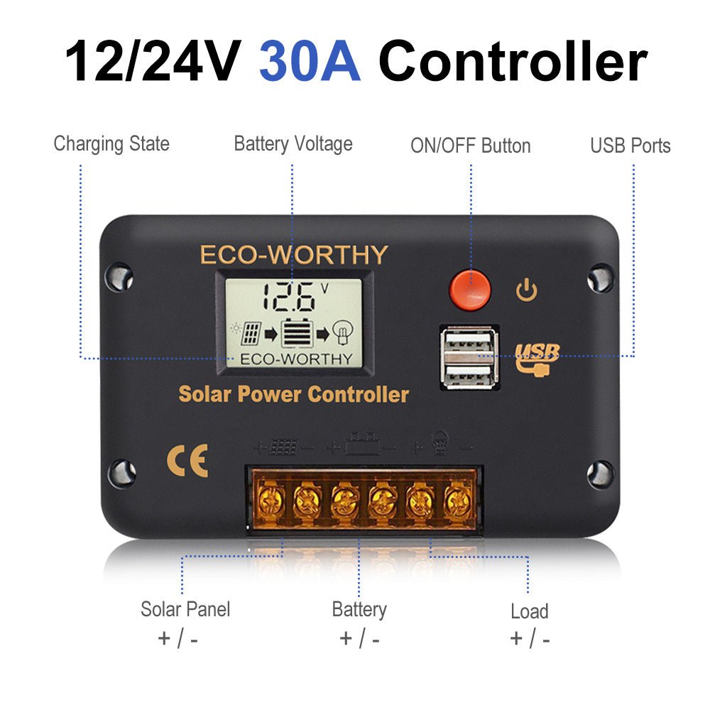 ECO-WORTHY 30A PWM LCD Display Solar Charge Controller Regulator with USB Port 12V/24V Autoswitch