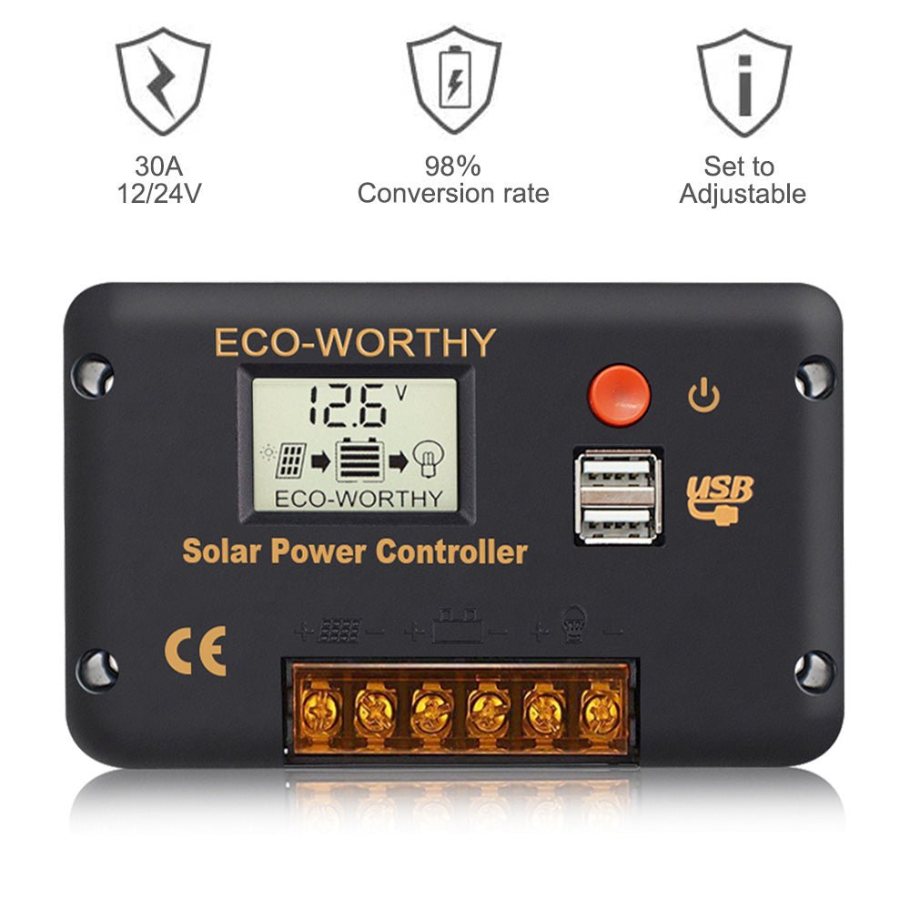 ECO-WORTHY 30A PWM LCD Display Solar Charge Controller Regulator with USB Port 12V/24V Autoswitch
