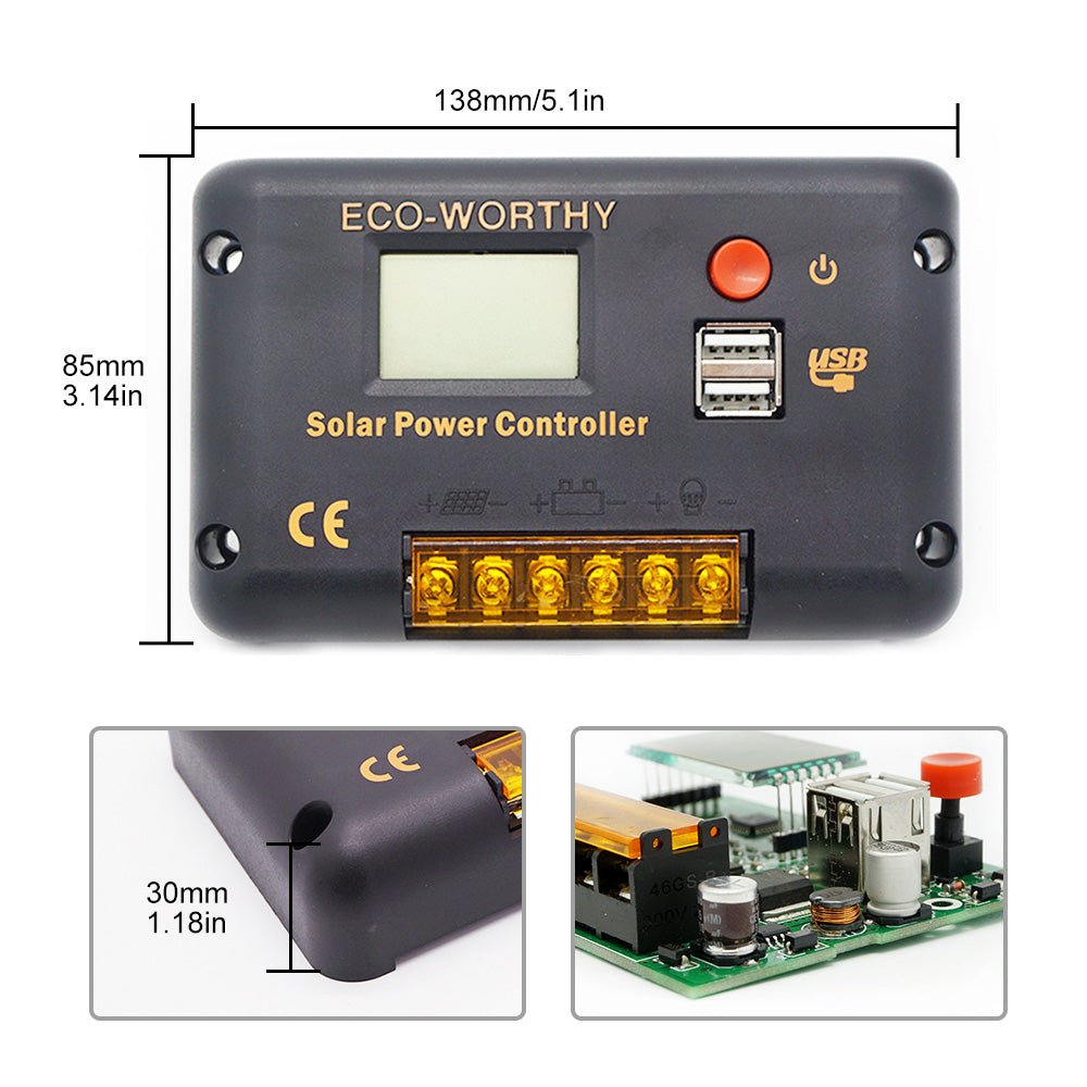 ECO-WORTHY 30A PWM LCD Display Solar Charge Controller Regulator with USB Port 12V/24V Autoswitch