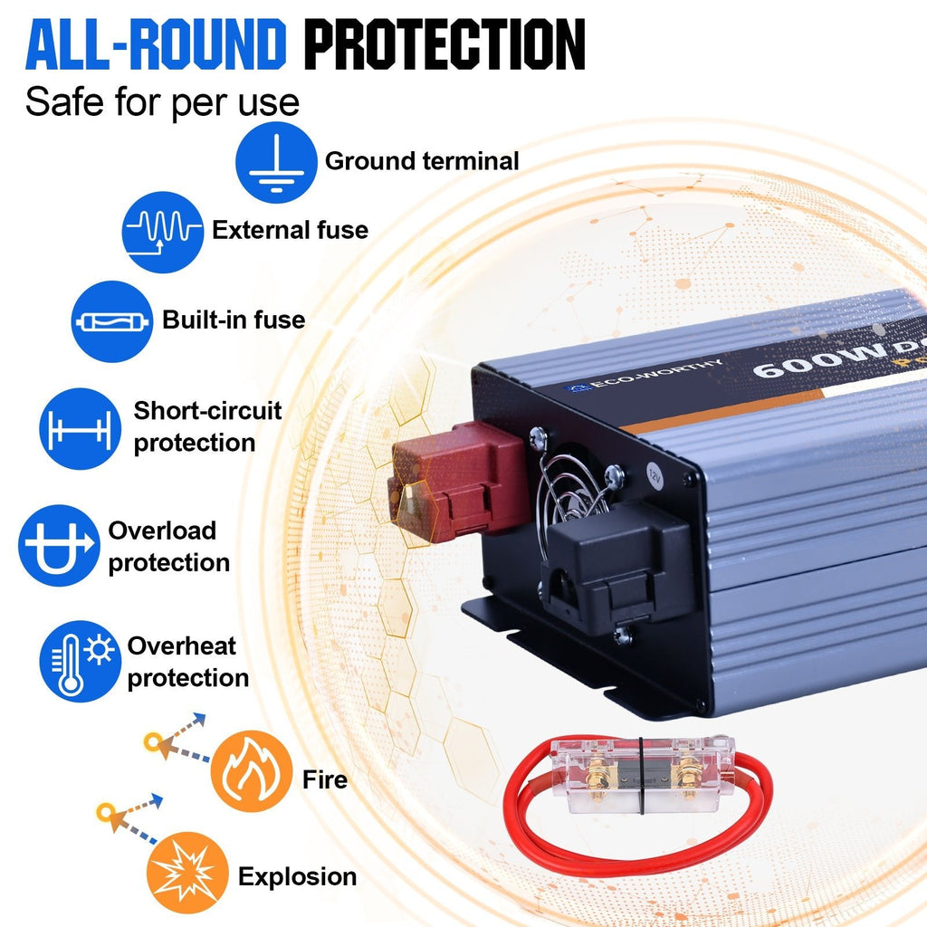 ECO-WORTHY 600W Off Grid Pure Sine Wave Inverter 12V to 230V