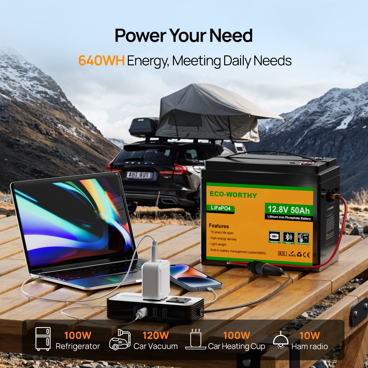 ECO-WORTHY 12V 50Ah LiFePO4 Lithium Battery XT60 with Bluetooth and Low Temp Protection