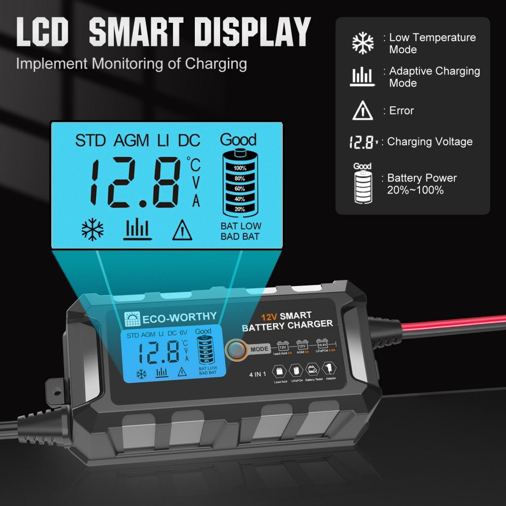 ECO-WORTHY 12V 5A/10A Smart Battery Charger for Lithium Battery with LCD Display