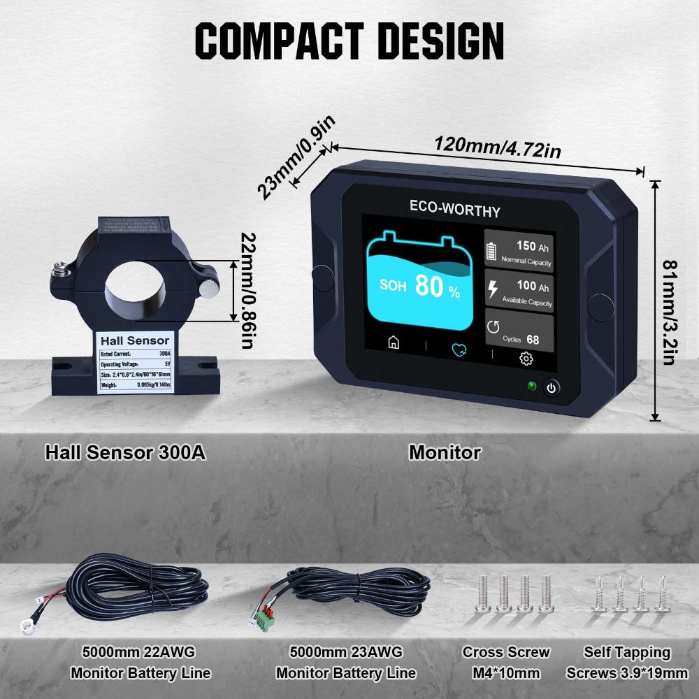 ECO-WORTHY 300A Battery Monitor with Hall Sensor for AGM & Lifepo4 Lithium Battery