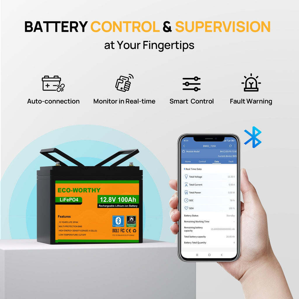 ECO-WORTHY LiFePO4 12V 100Ah Lithium Battery With Bluetooth And Low-temperature Protection