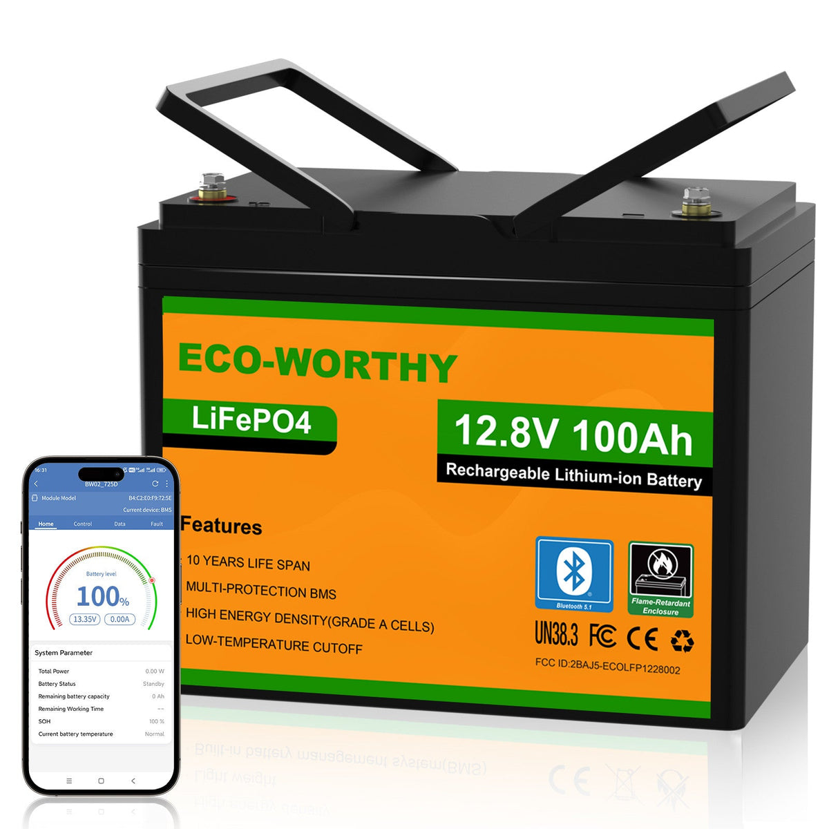 ECO-WORTHY LiFePO4 12V 100Ah Lithium Battery With Bluetooth And Low-temperature Protection