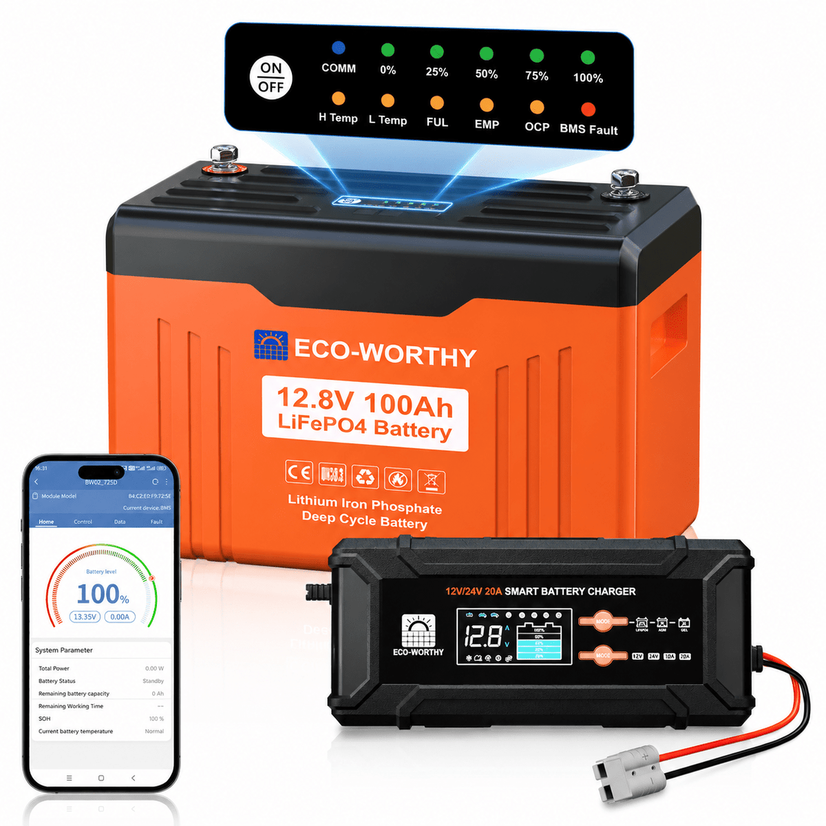 ECO-WORTHY EnergyTrek 12V 100Ah LiFePO4 Lithium Battery with Bluetooth and Low-Temp Protection