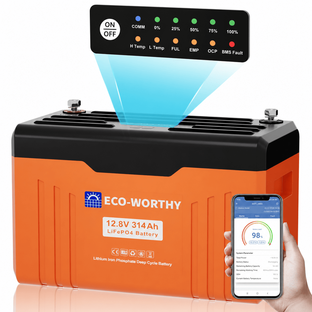 ECO-WORTHY EnergyTrek 12V 314AH Lifepo4 Lithium Battery Bluetooth with SOC Display & Low-Temperature Protection