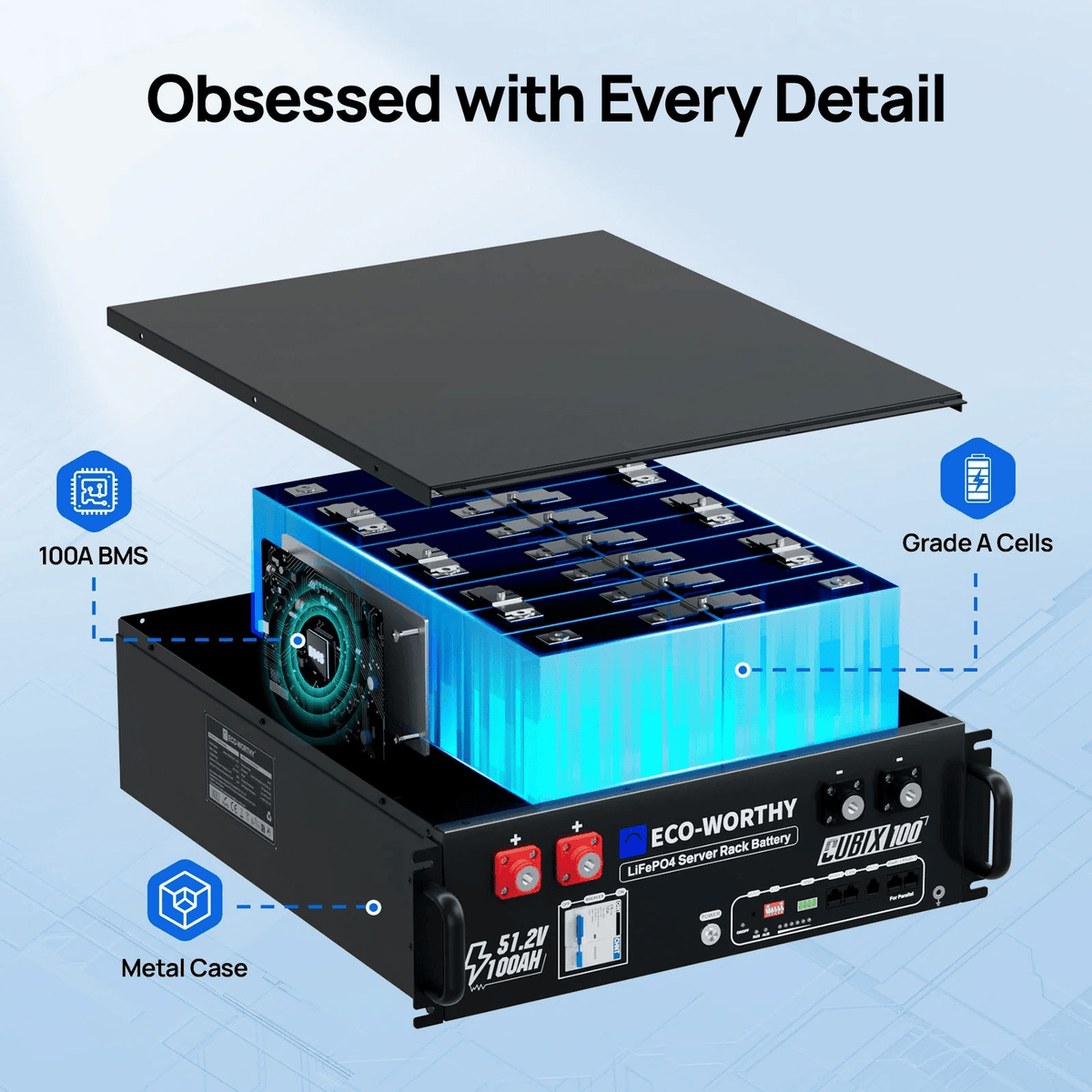 ECO-WORTHY Cubix100 48V 100Ah LiFePO4 Lithium Battery | Server Rack Battery with Bluetooth & Wifi, 5.12kWh