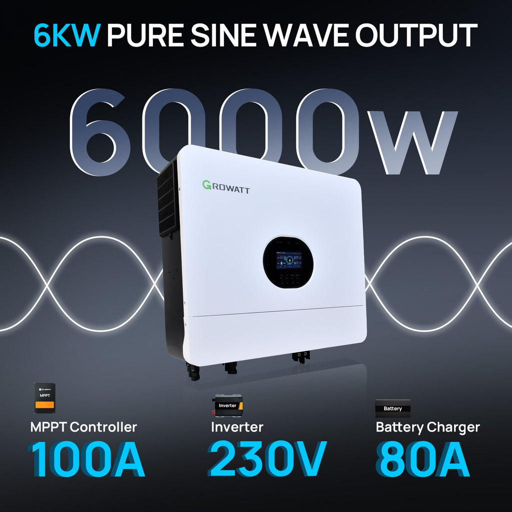ECO-WORTHY Growatt SPF 6000 ES Plus 6000W 48V Off-Grid Solar Inverter, Dual MPPT, 500V PV Input